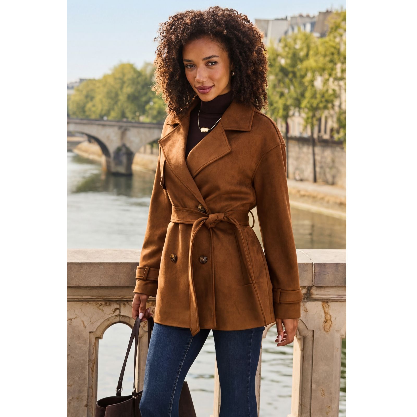 Sosandar Mid Length Faux Suede Trench Coat
