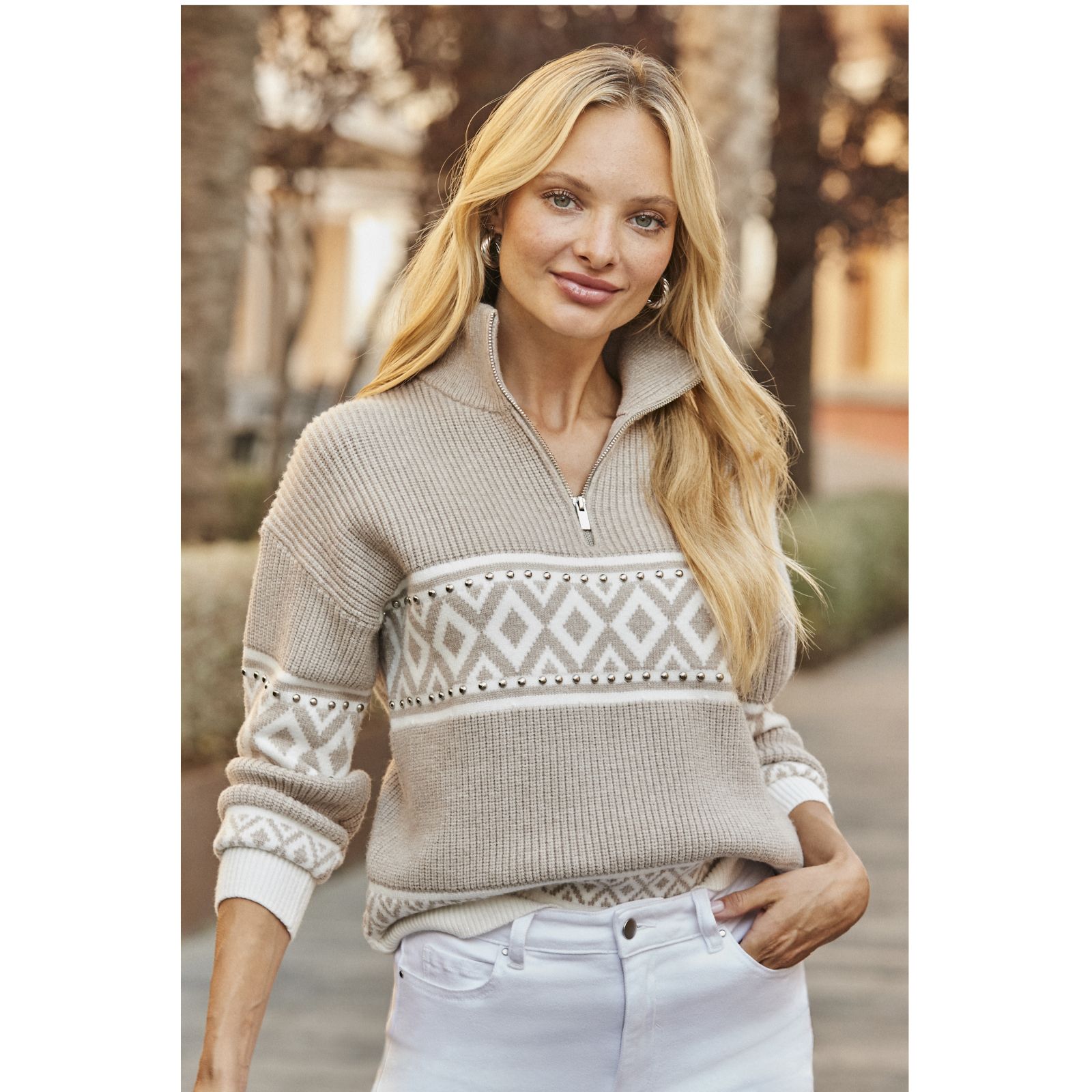 Sosandar Zip Neck Aztec Stud Detail Jumper