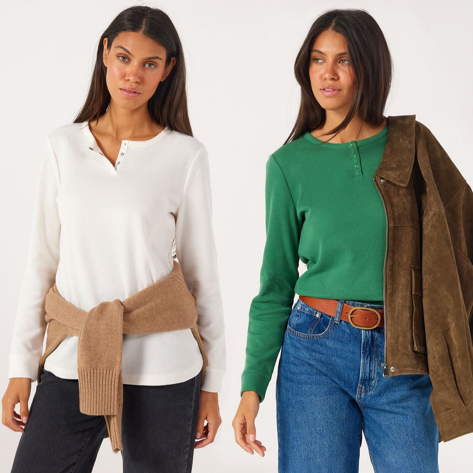 Denim & Co. Essentials 2 Pack Waffle Henley Tops