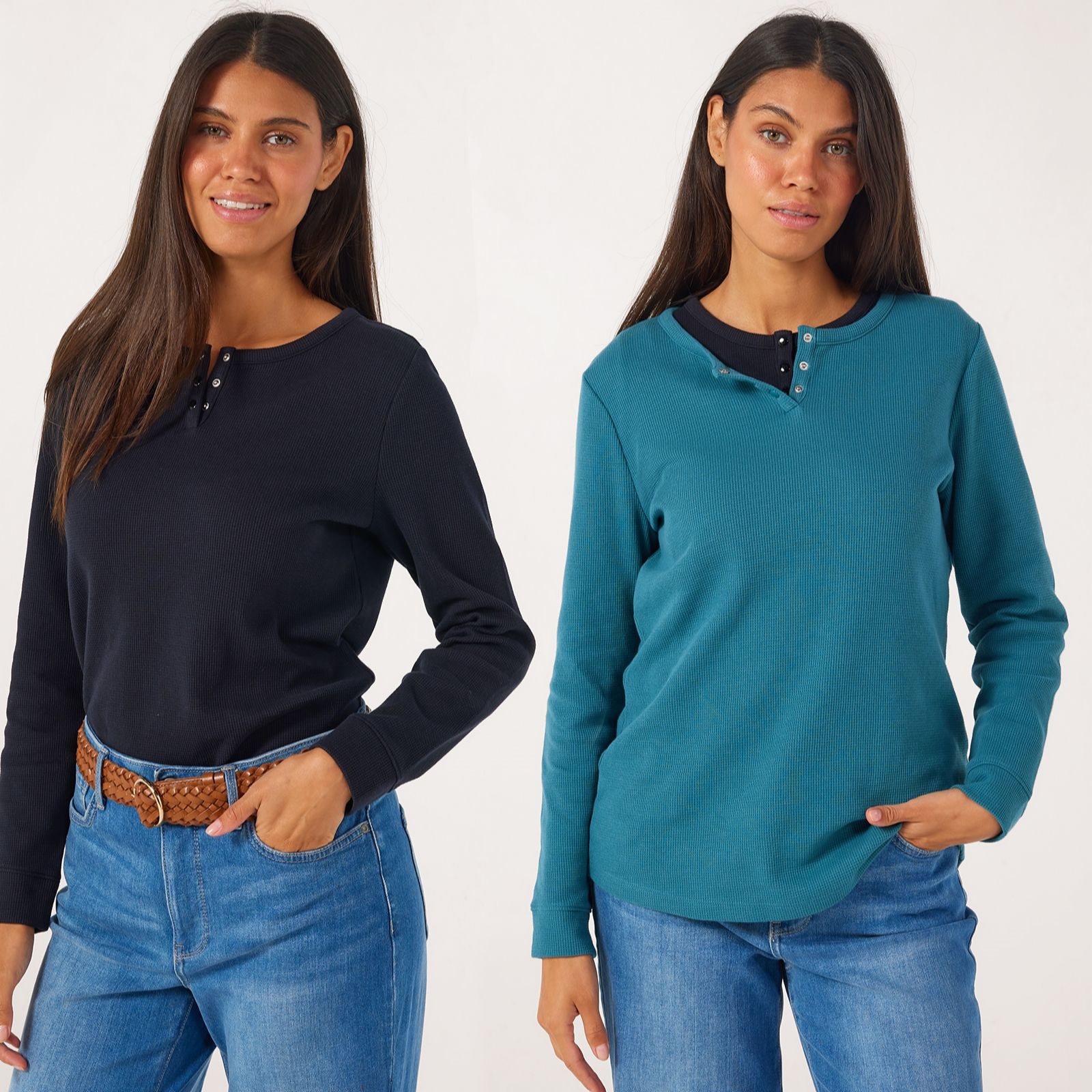 Denim & Co. Essentials 2 Pack Waffle Henley Tops