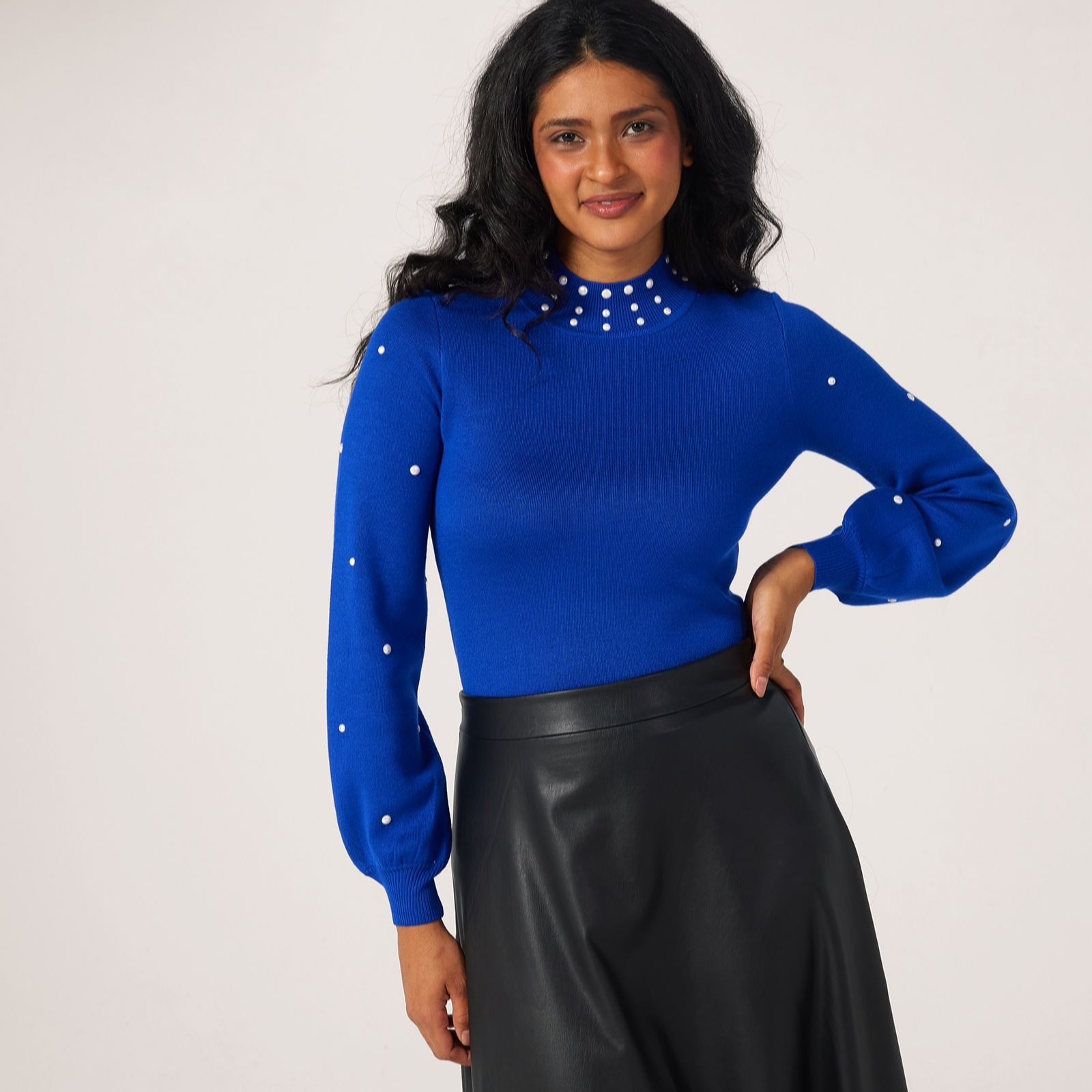 Nina Leonard Pearl Mock Neck & Balloon sleeve Knit jumper