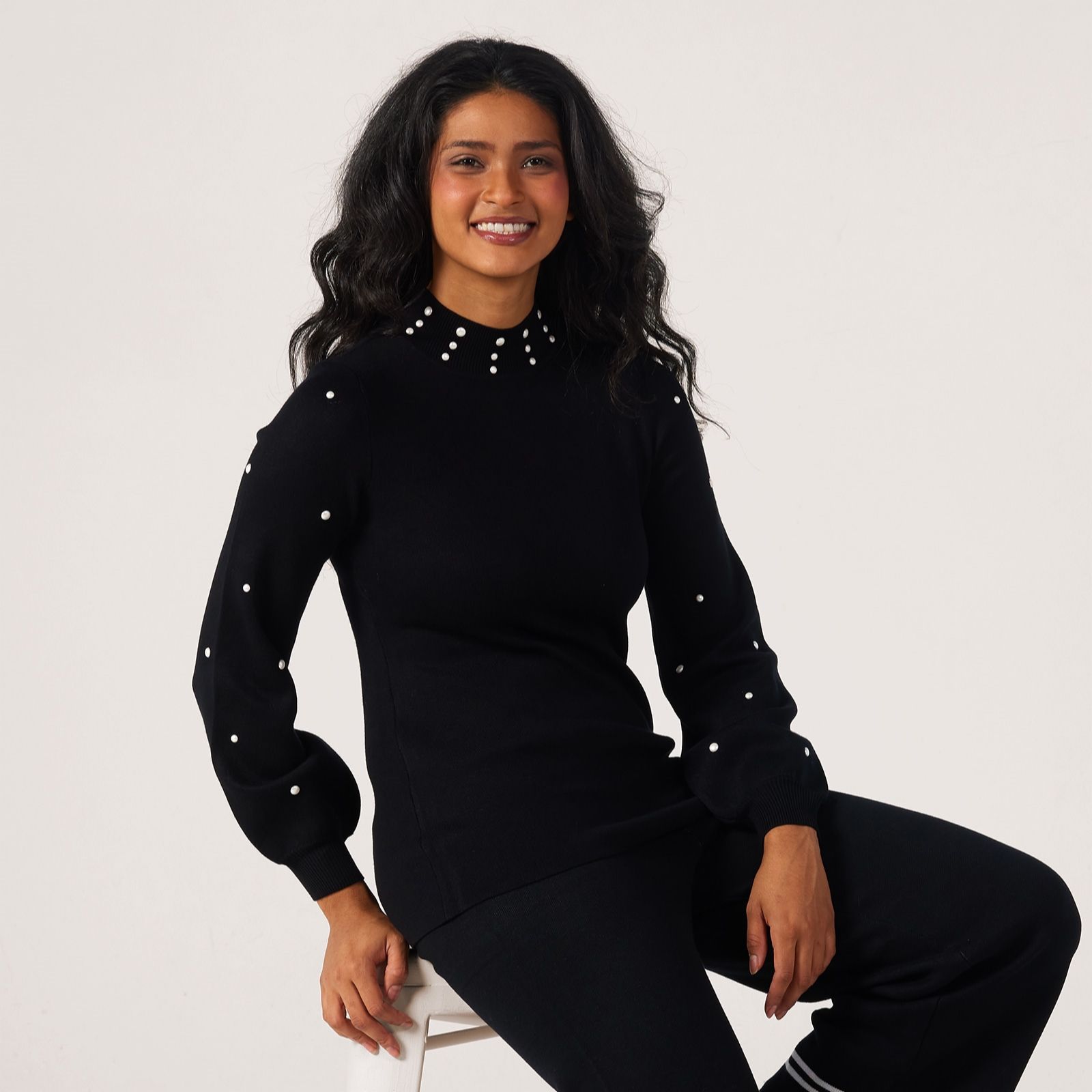 Nina Leonard Pearl Mock Neck & Balloon sleeve Knit jumper