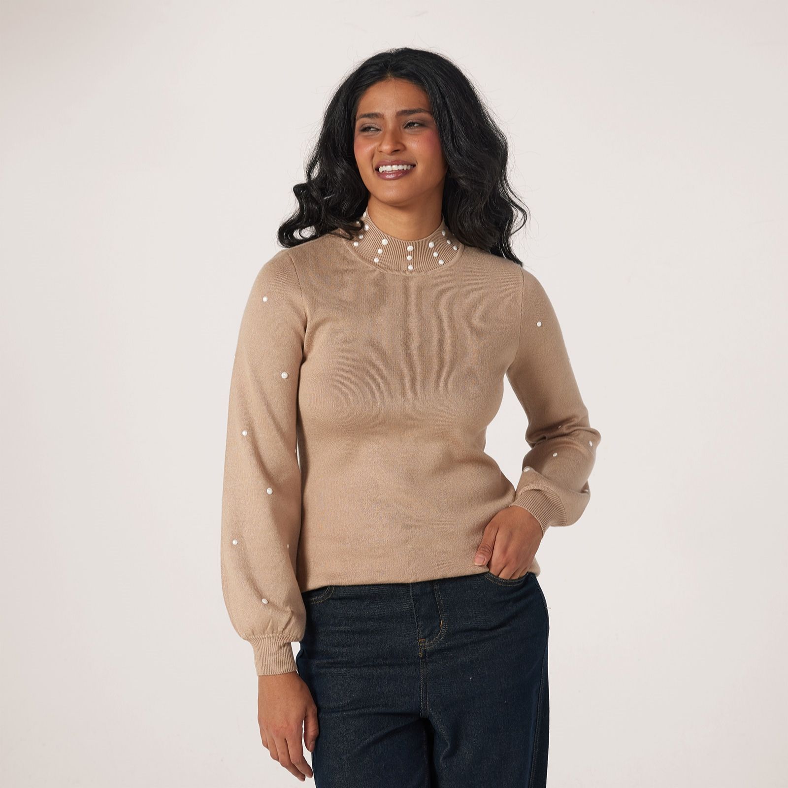 Nina Leonard Pearl Mock Neck & Balloon sleeve Knit jumper