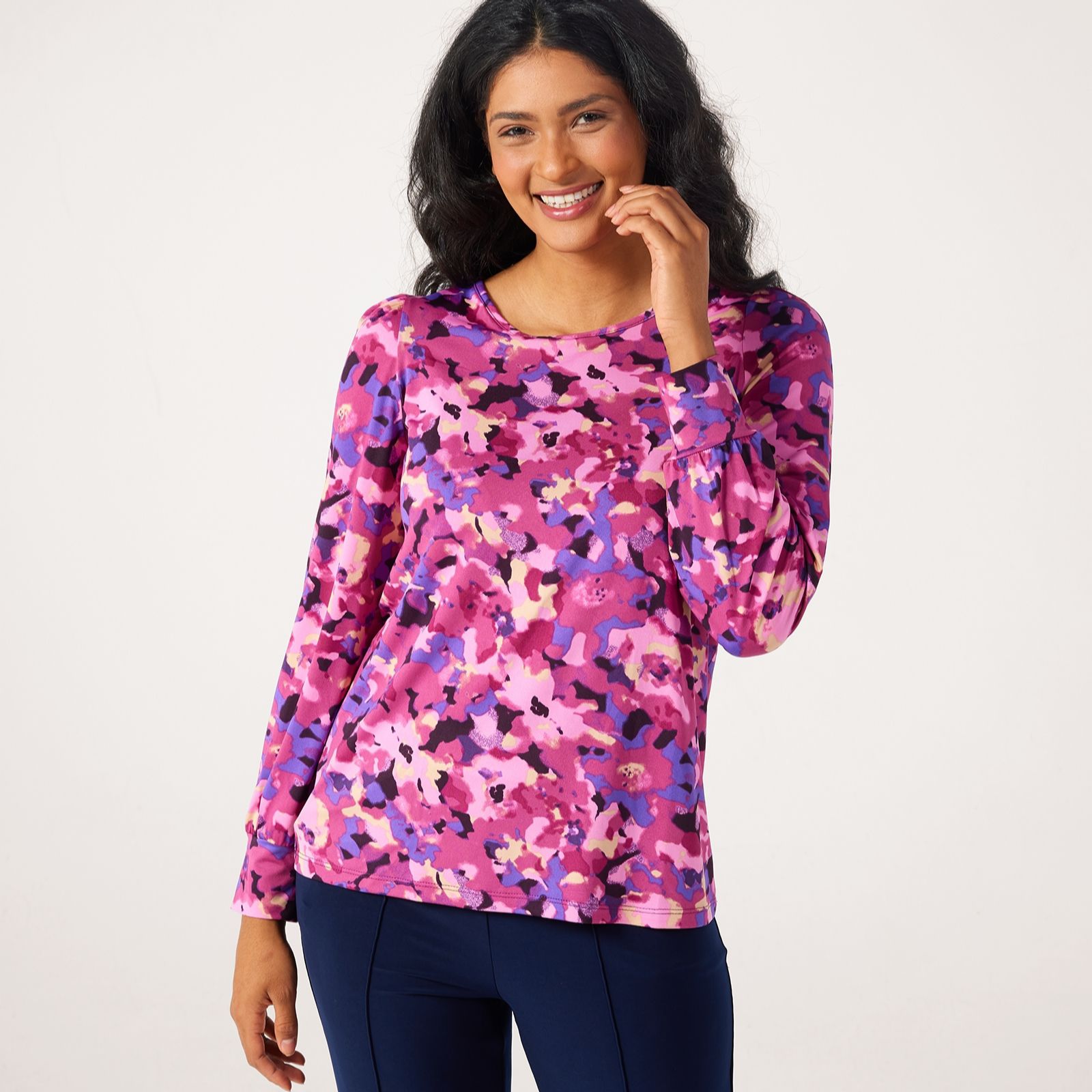 Kim & Co Printed Brazil Jersey Long Blouson Sleeve Top