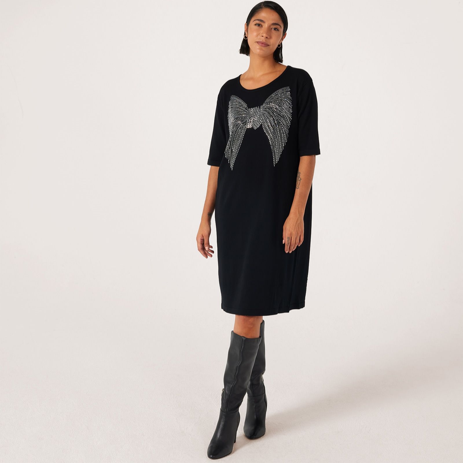 Frank Usher Linen Knit 1/2 Sleeve Jumper Dress With Studded Motif
