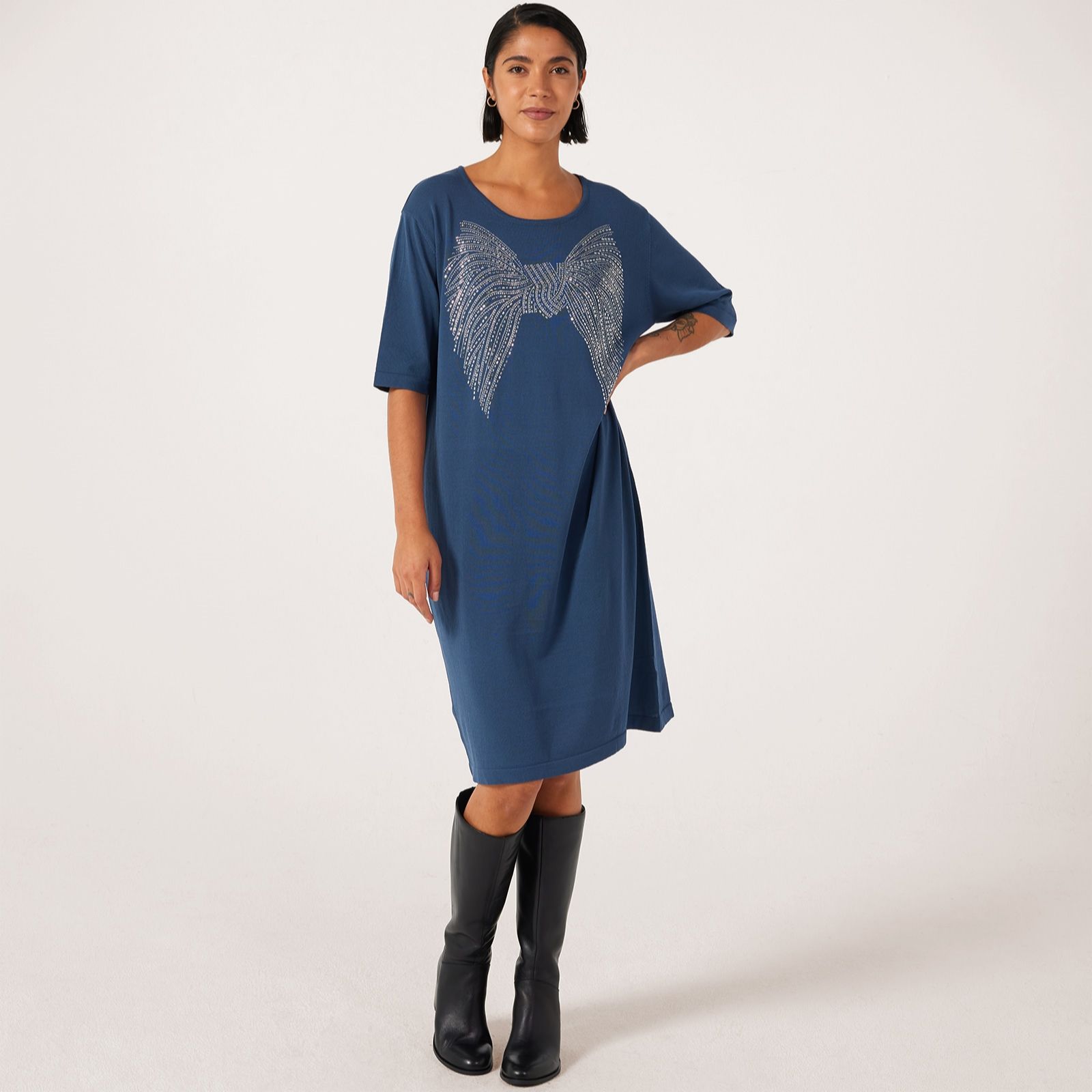 Frank Usher Linen Knit 1/2 Sleeve Jumper Dress With Studded Motif