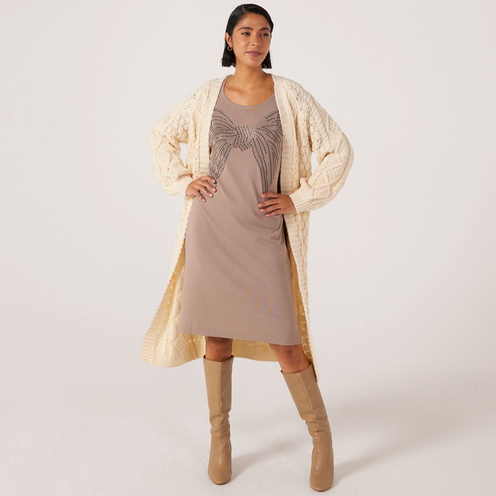 Frank Usher Linen Knit 1/2 Sleeve Jumper Dress With Studded Motif