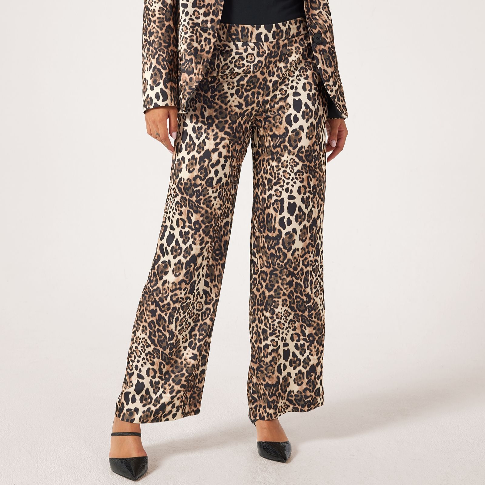 Helene Berman Satin Animal Print Wide Leg Trouser with Stretch Waist