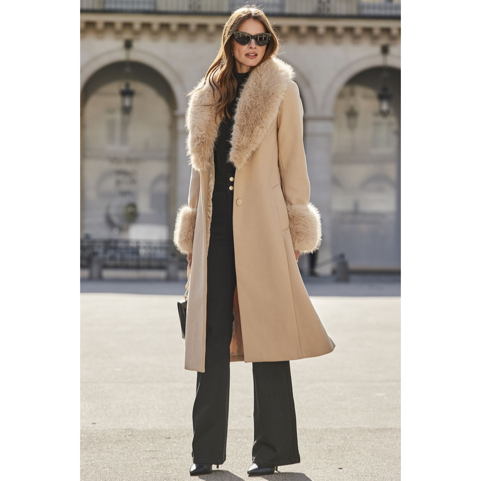 Sosandar Faux Fur Collar & Cuff Wrap Coat