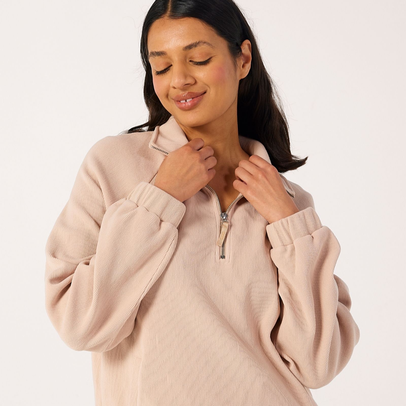 Denim & Co. Ribbed Quarter Zip Funnel Neck Top