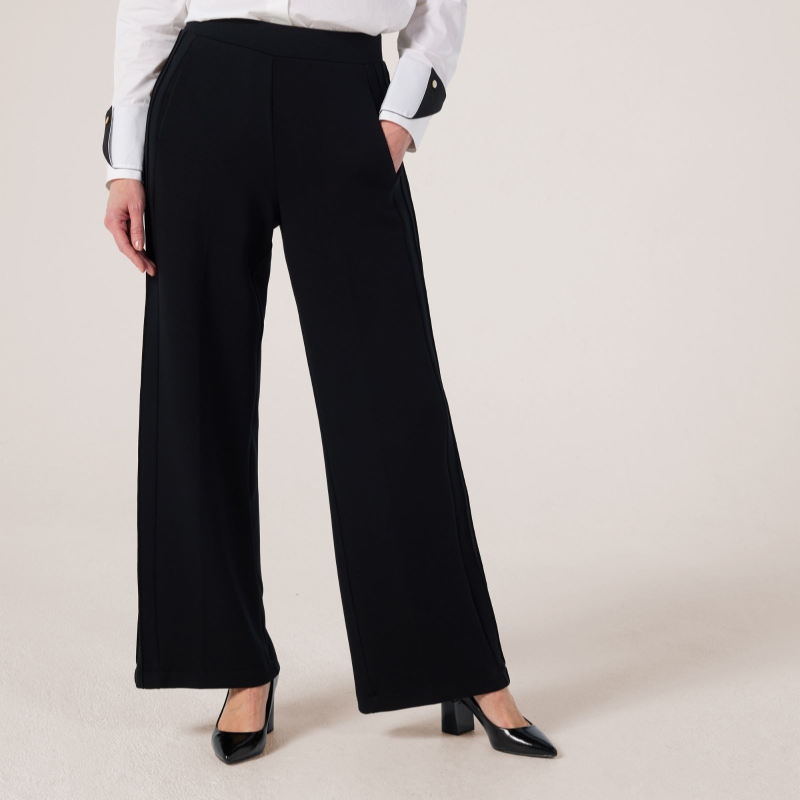 MarlaWynne Layers Cloud Knit Petite Wide-Leg Trousers with Pintucks