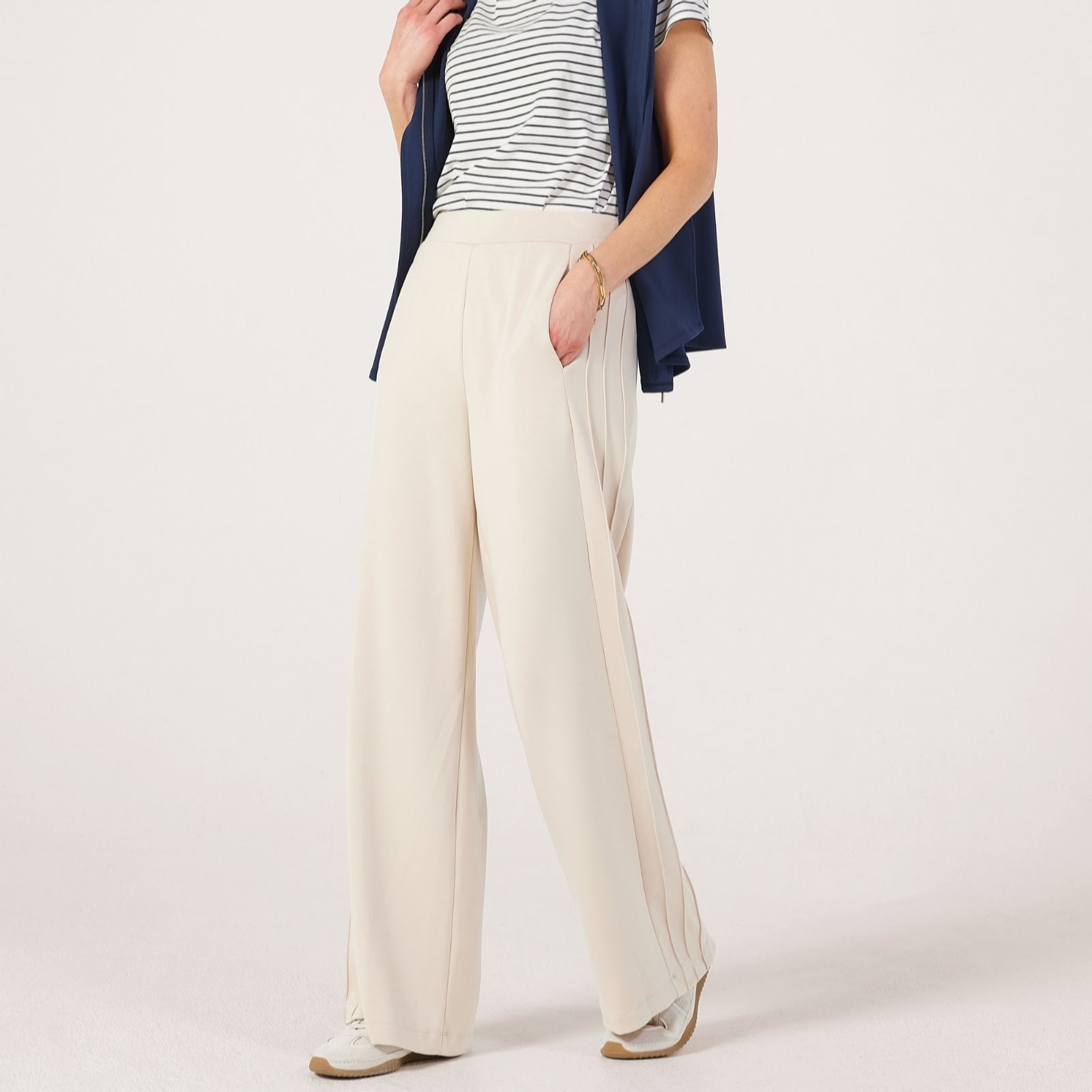MarlaWynne Layers Cloud Knit Wide-Leg Trousers with Pintucks Petite