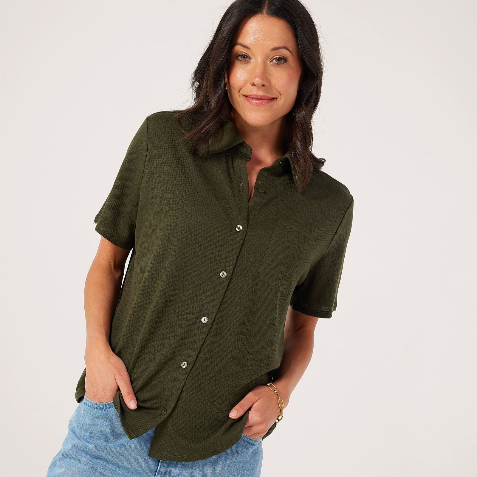Denim & Co Linen Blend Button Up Short Sleeve Shirt