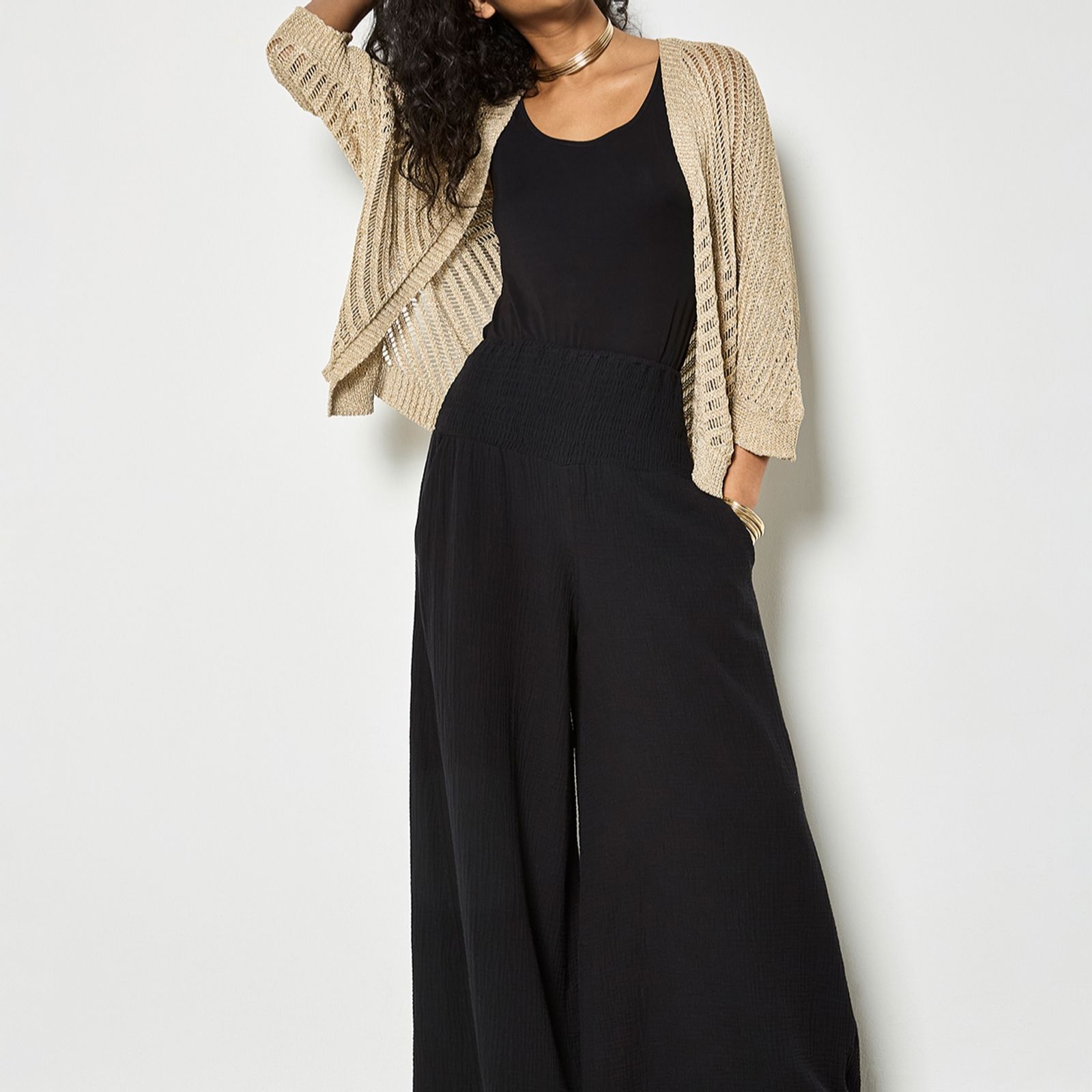 Apricot Cotton Weave Wide Leg Trousers