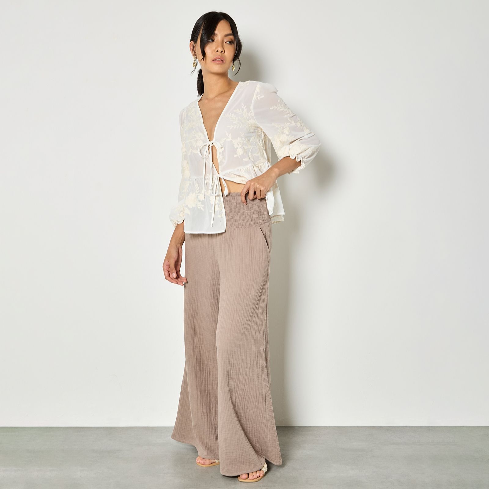 Apricot Cotton Weave Wide Leg Trousers