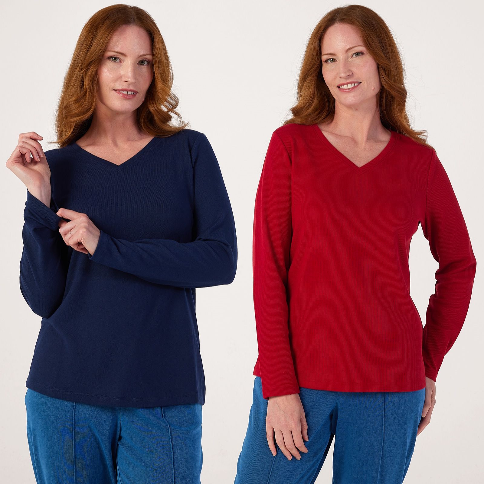 Denim & Co. Essentials Heavenly Jersey & Waffle Long Sleeve Tops 2 Pack