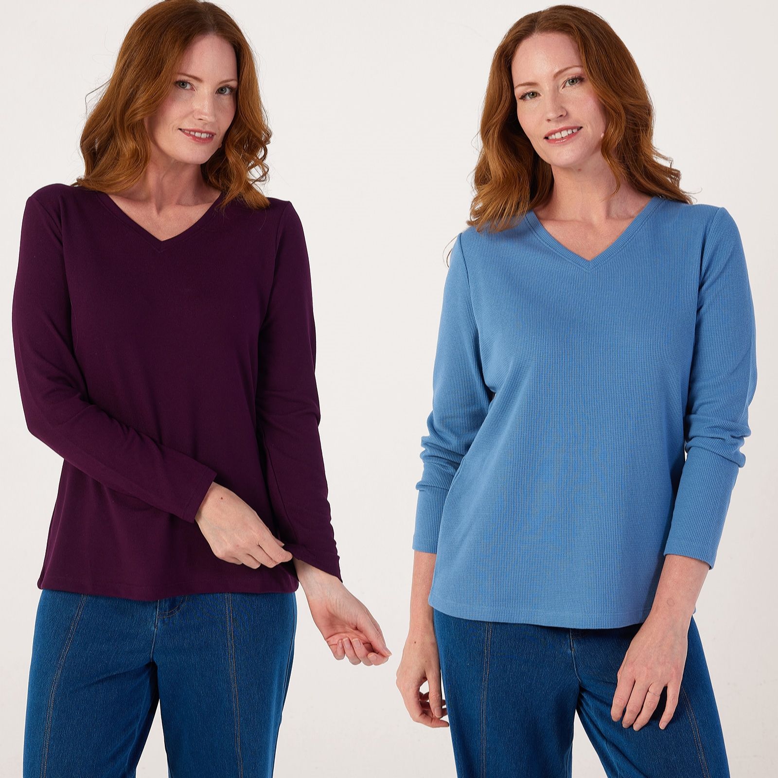 Denim & Co. Essentials Heavenly Jersey & Waffle Long Sleeve Tops 2 Pack