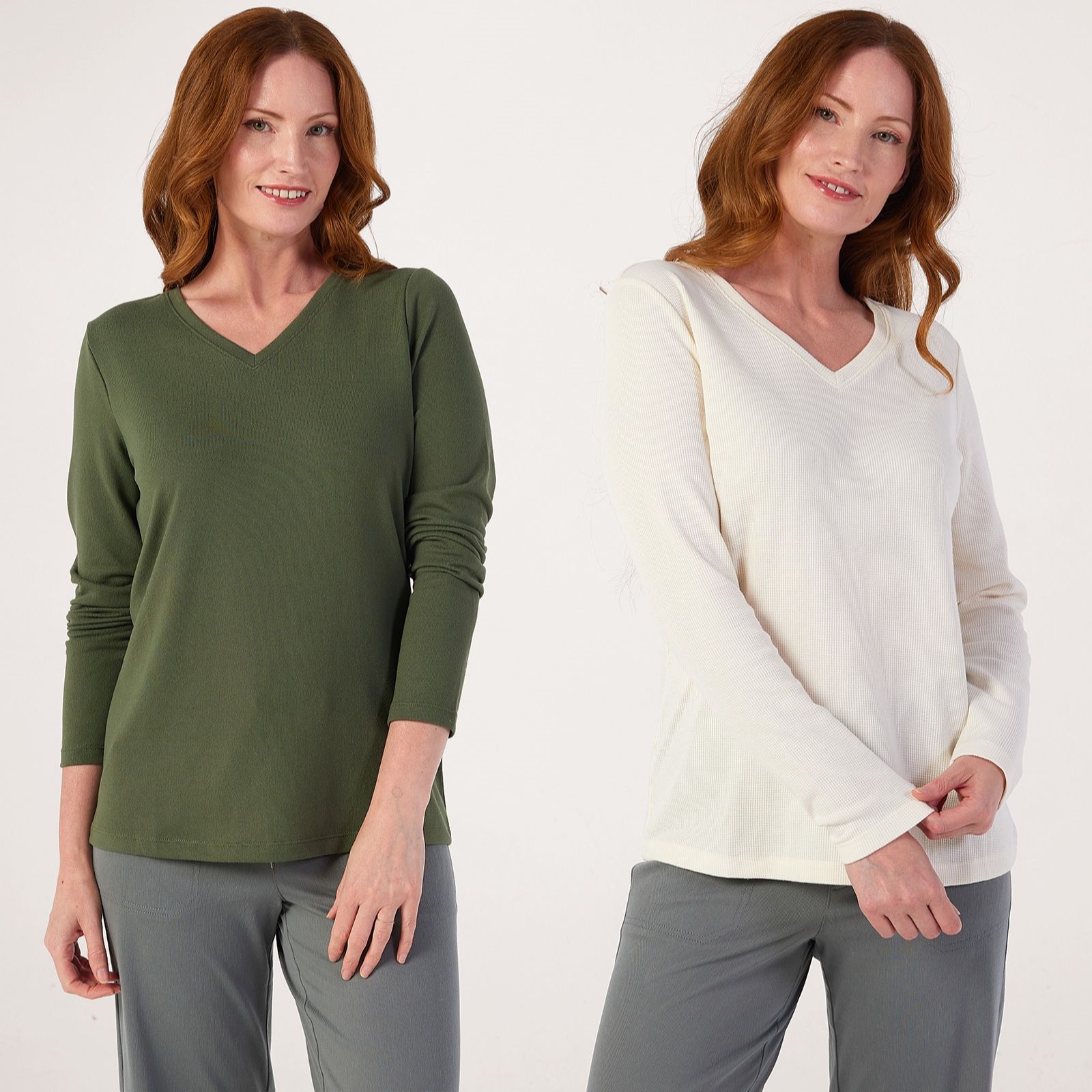Denim & Co. Essentials Heavenly Jersey & Waffle Long Sleeve Tops 2 Pack