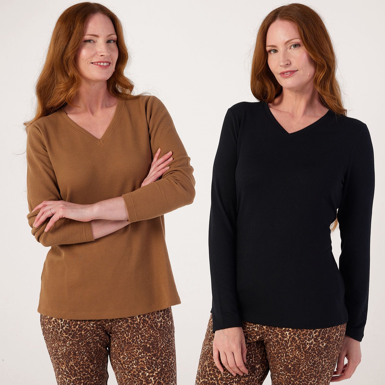Denim & Co. Essentials Heavenly Jersey & Waffle Long Sleeve Tops 2 Pack