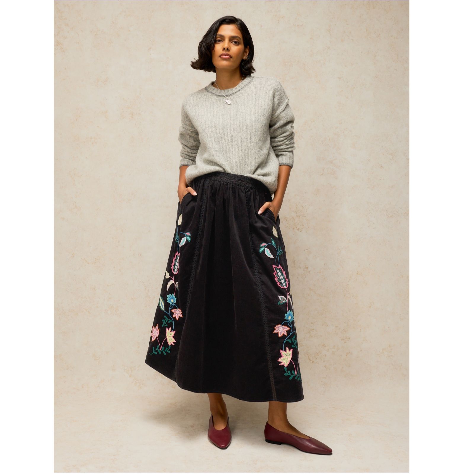 White Stuff Wren Embroidered Cord Skirt