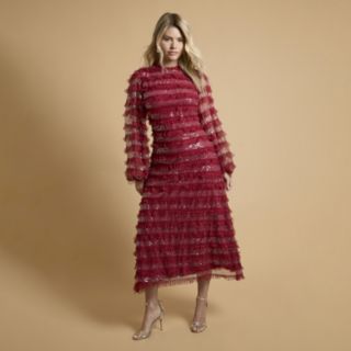 Oasis Long Sleeve Printed Mesh Midi Dress