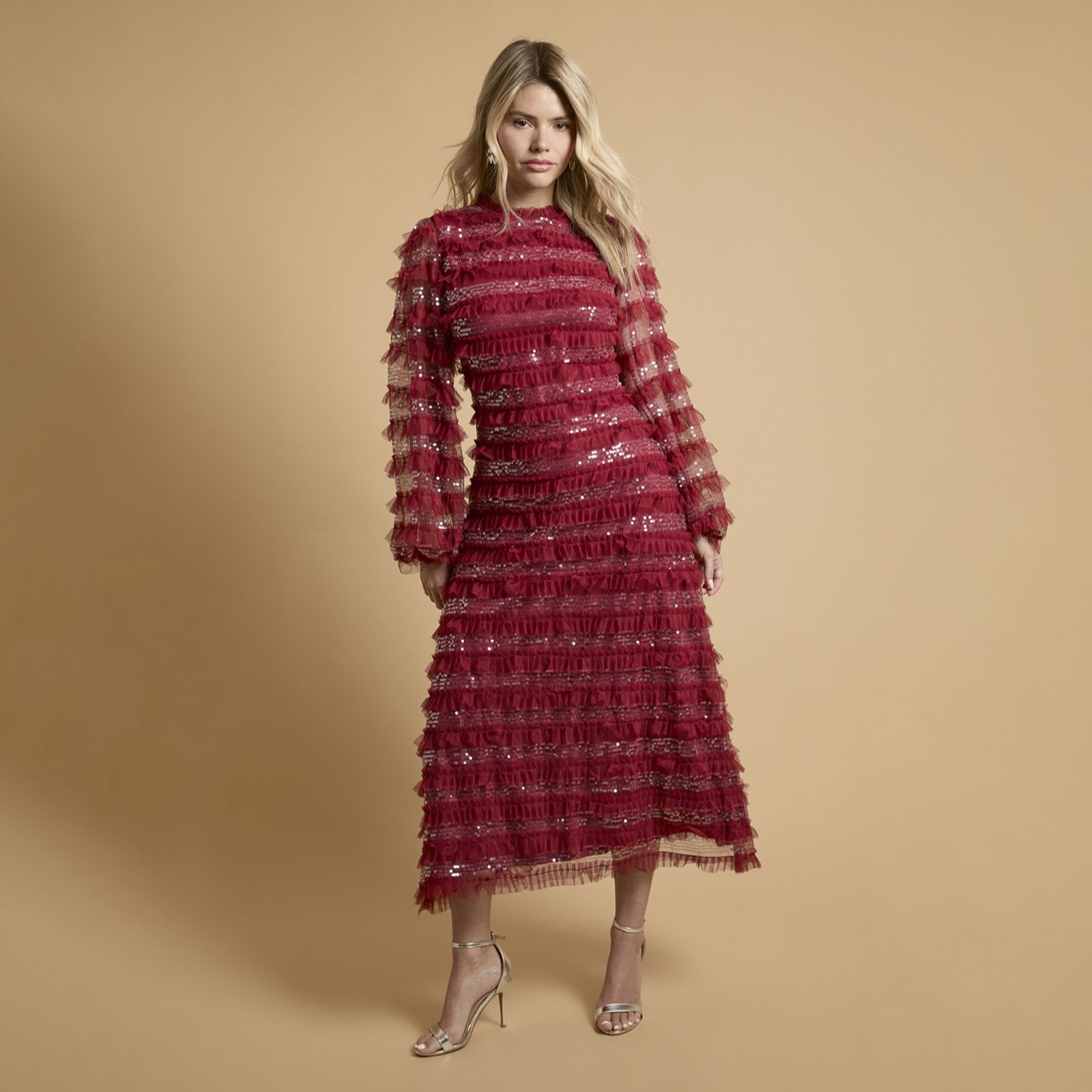 Oasis Long Sleeve Printed Mesh Midi Dress
