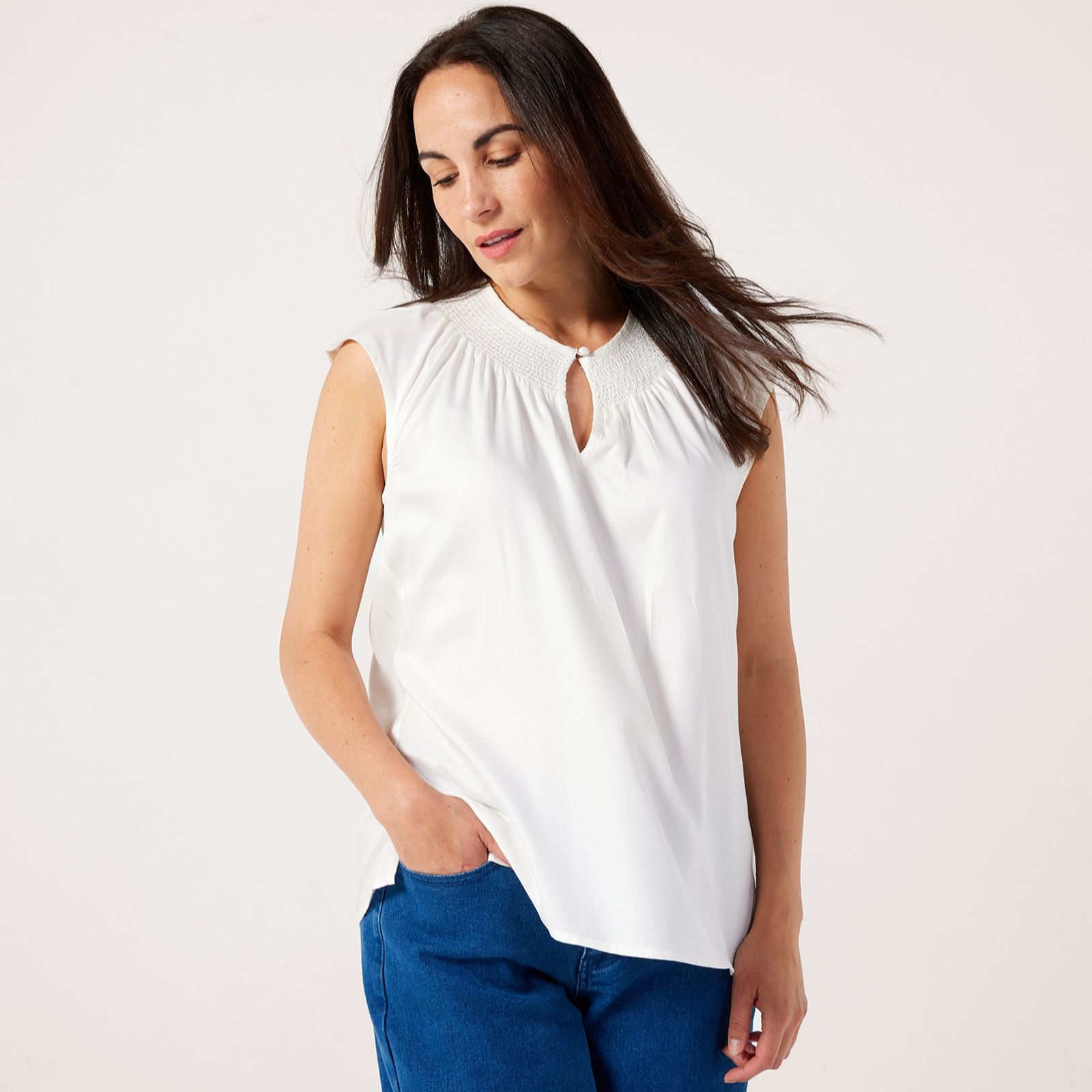 Denim & Co. Viscose Twill Embroidered Detail Top