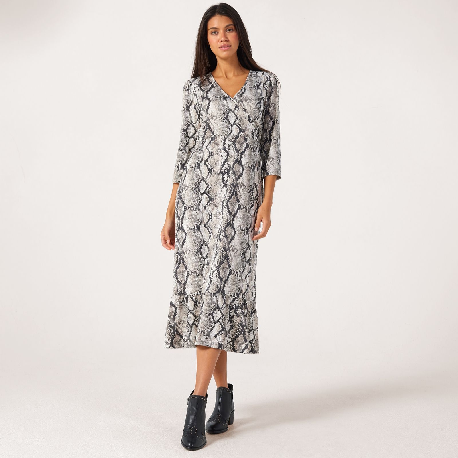 Kim & Co Printed Brazil Jersey 3/4 Sleeve Frilled Midi Dress