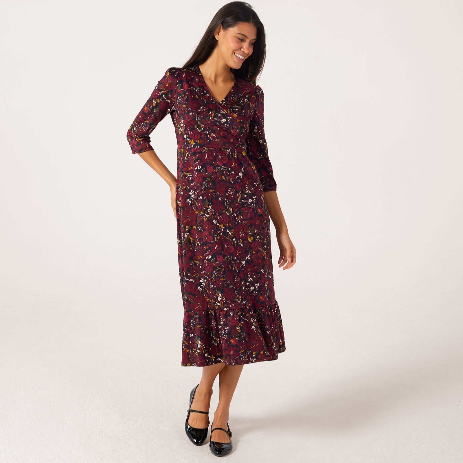 Kim & Co Printed Brazil Jersey 3/4 Sleeve Frilled Midi Dress