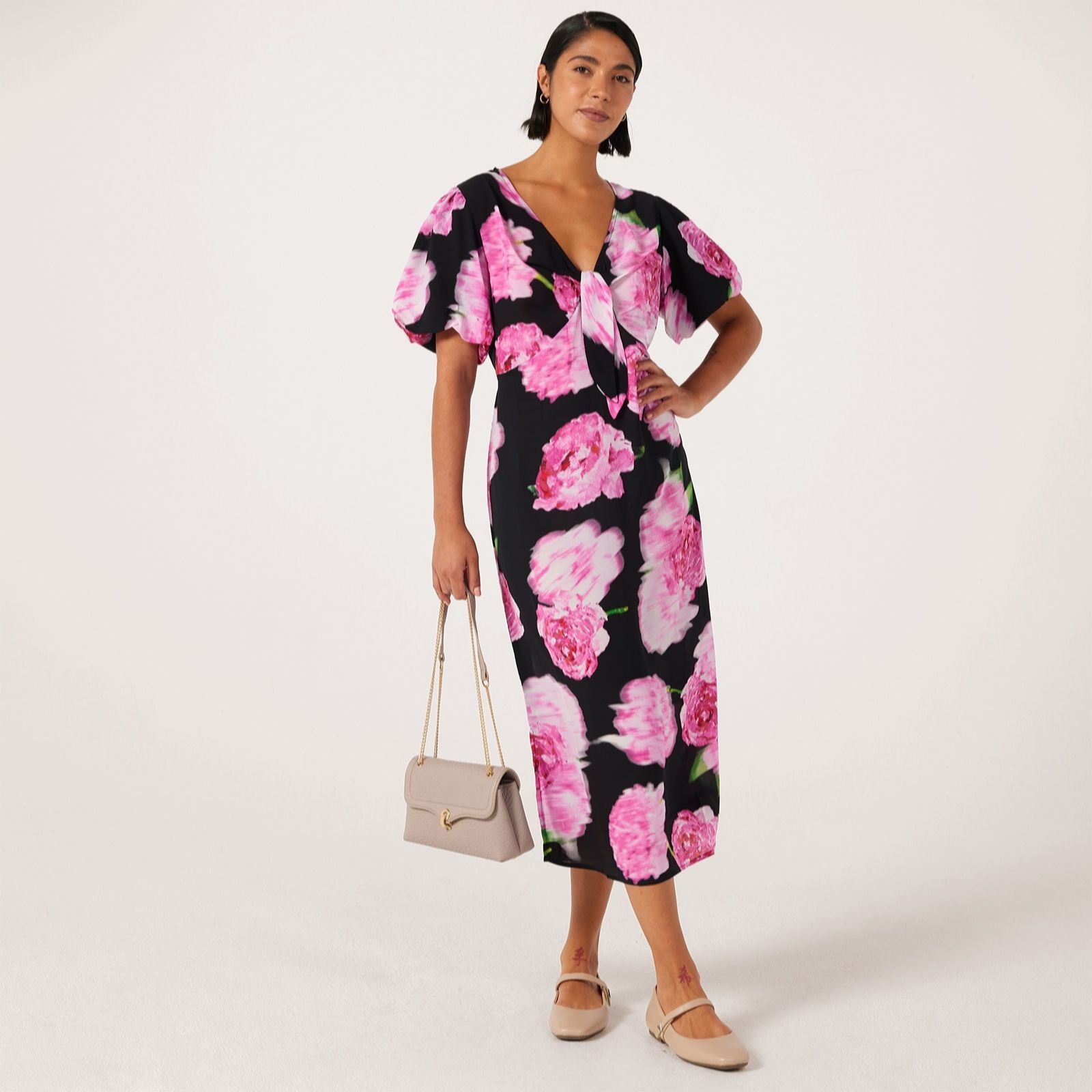  Frank Usher Printed Dress With Half Elastic Back & Tie Detail To V