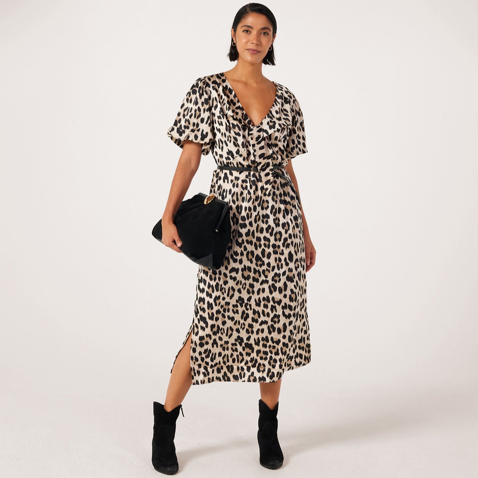Frank Usher Printed Dress With Half Elastic Back & Tie Detail To V