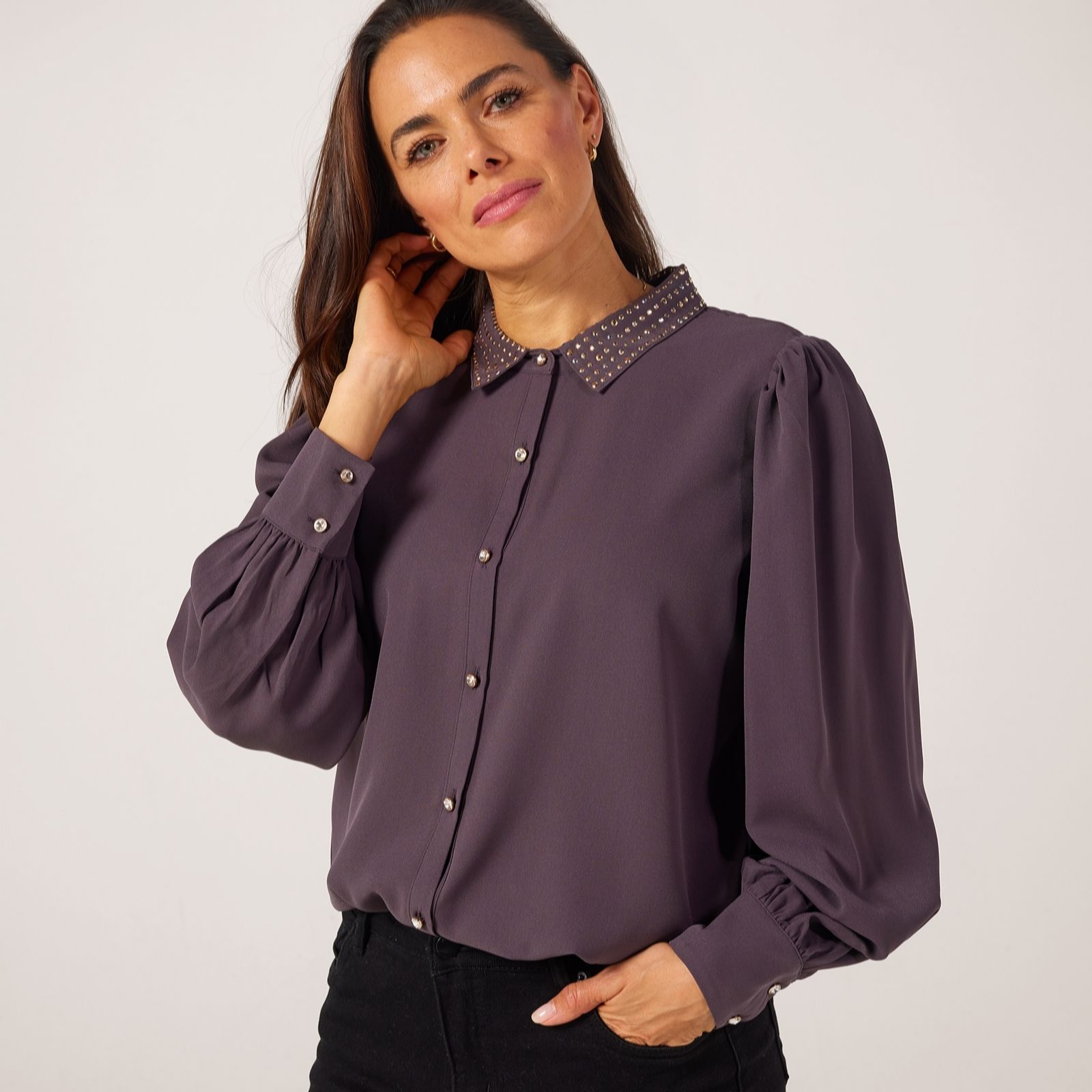 Frank Usher Woven Crepe Handfeel Long Sleeve Studded Shirt