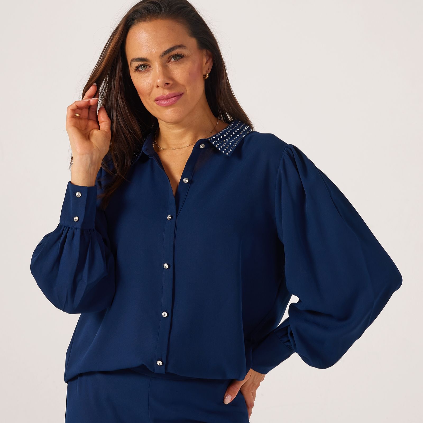Frank Usher Woven Crepe Handfeel Long Sleeve Studded Shirt