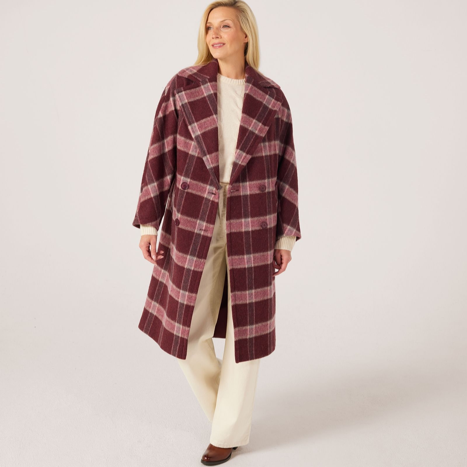 Helene Berman Wool-Blend Burgundy and Pink Longline Coat