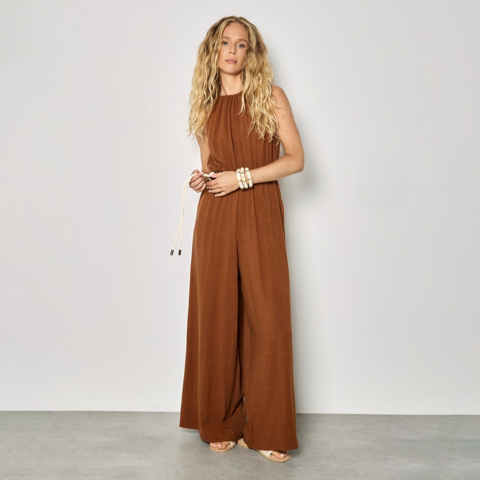 Apricot Halter Neck Rope Belt Jumpsuit