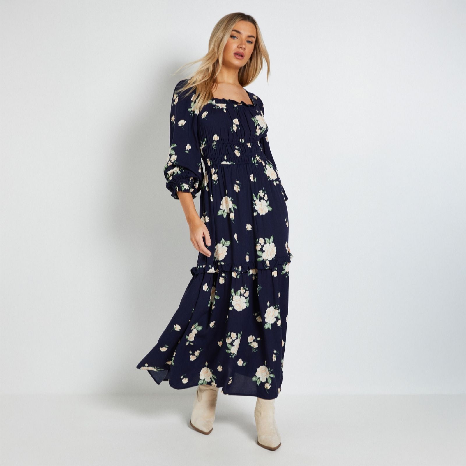  Dorothy Perkins Square Neck Blouson Sleeve Tiered Maxi Dress