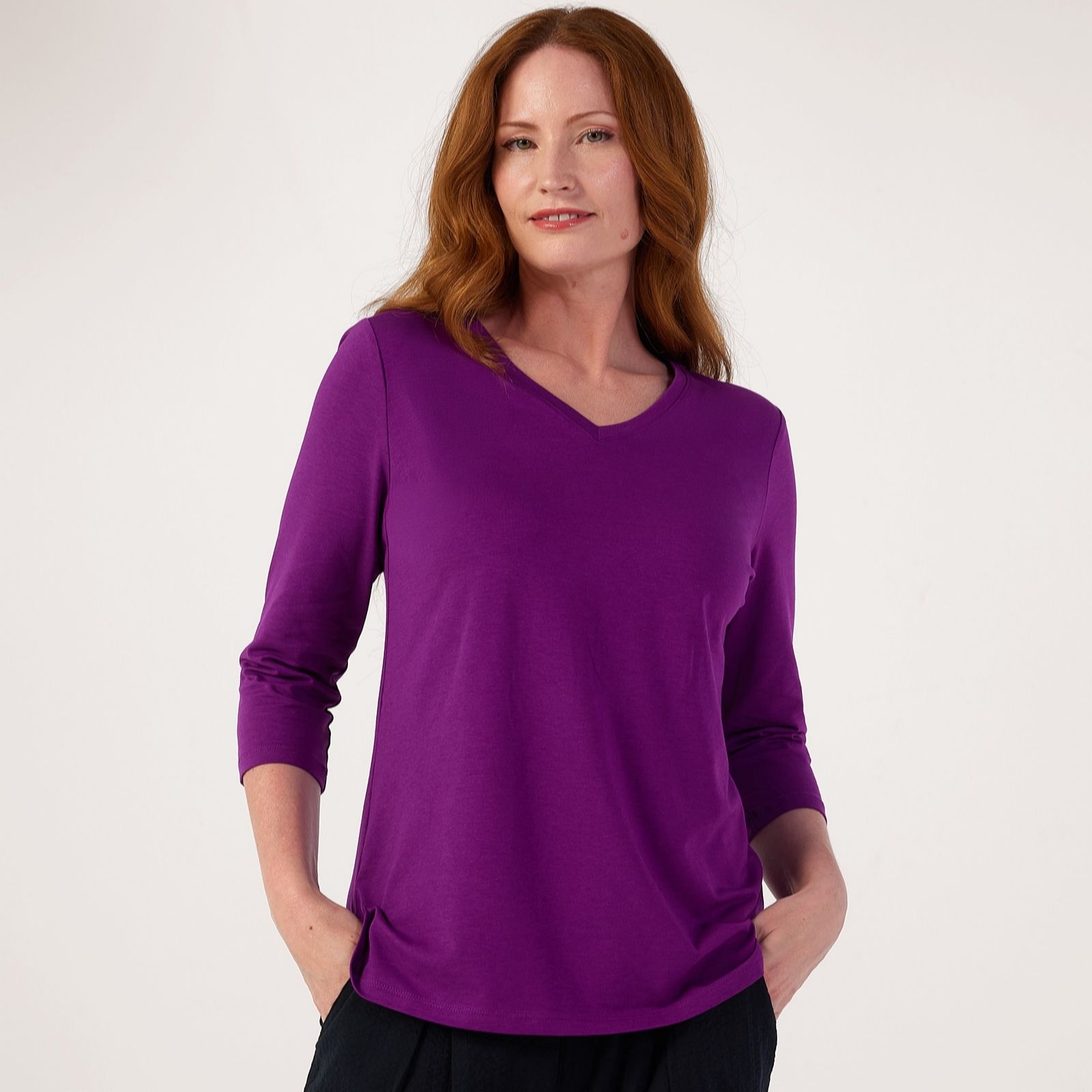 Denim & Co. V-Neck Three-Quarter Length Sleeve Top