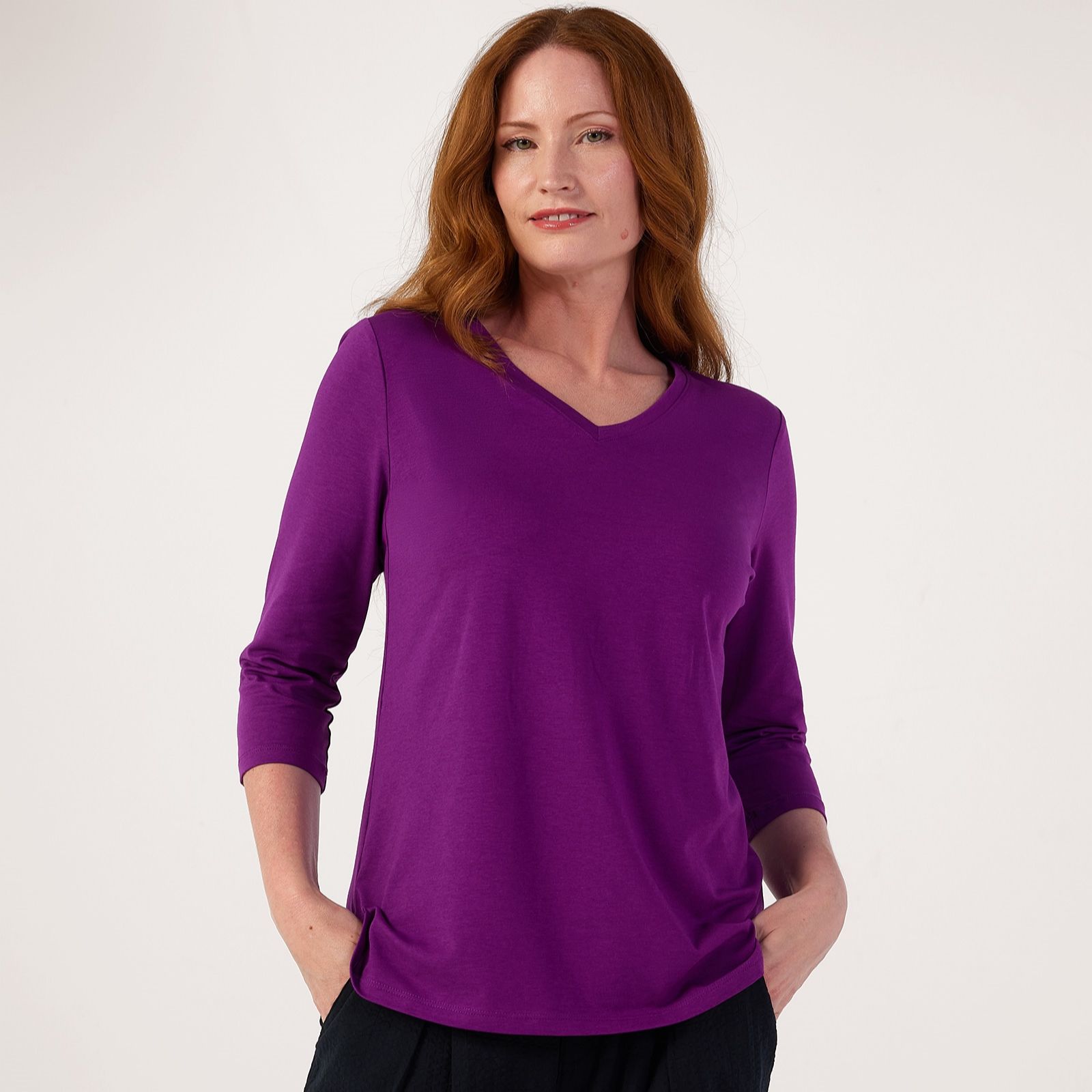 Denim & Co. V-Neck Three-Quarter Length Sleeve Top