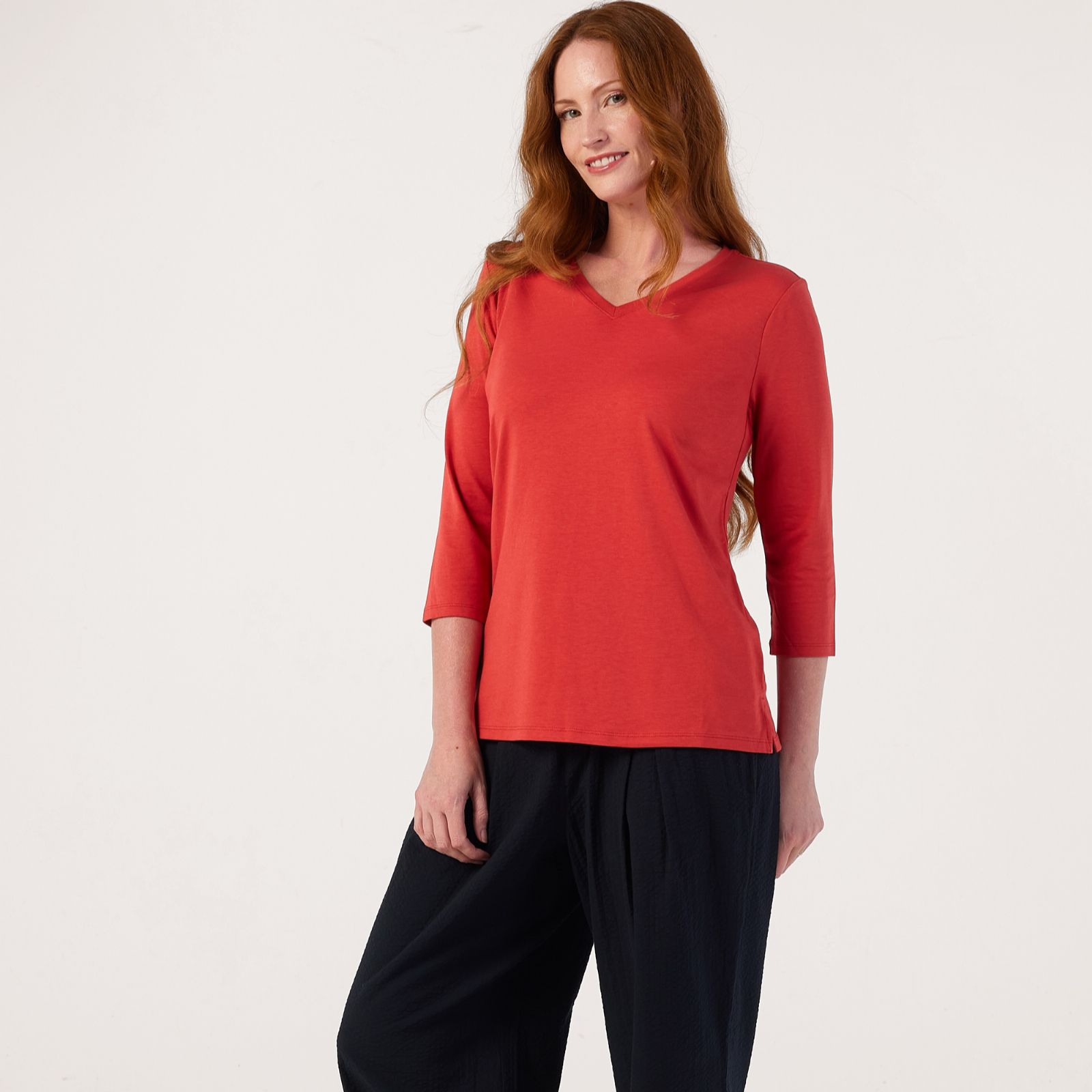 Denim & Co. V-Neck Three-Quarter Length Sleeve Top