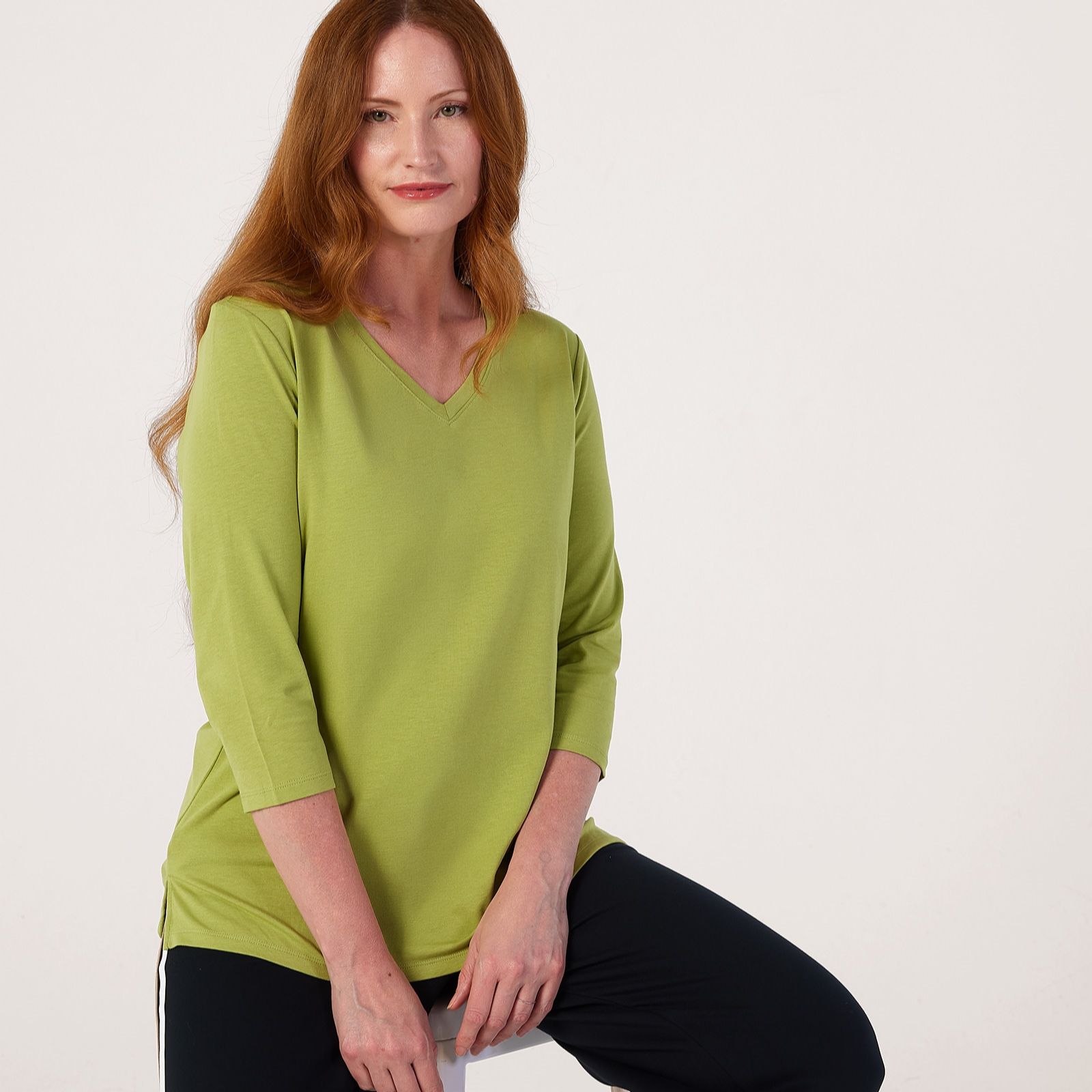 Denim & Co. V-Neck Three-Quarter Length Sleeve Top