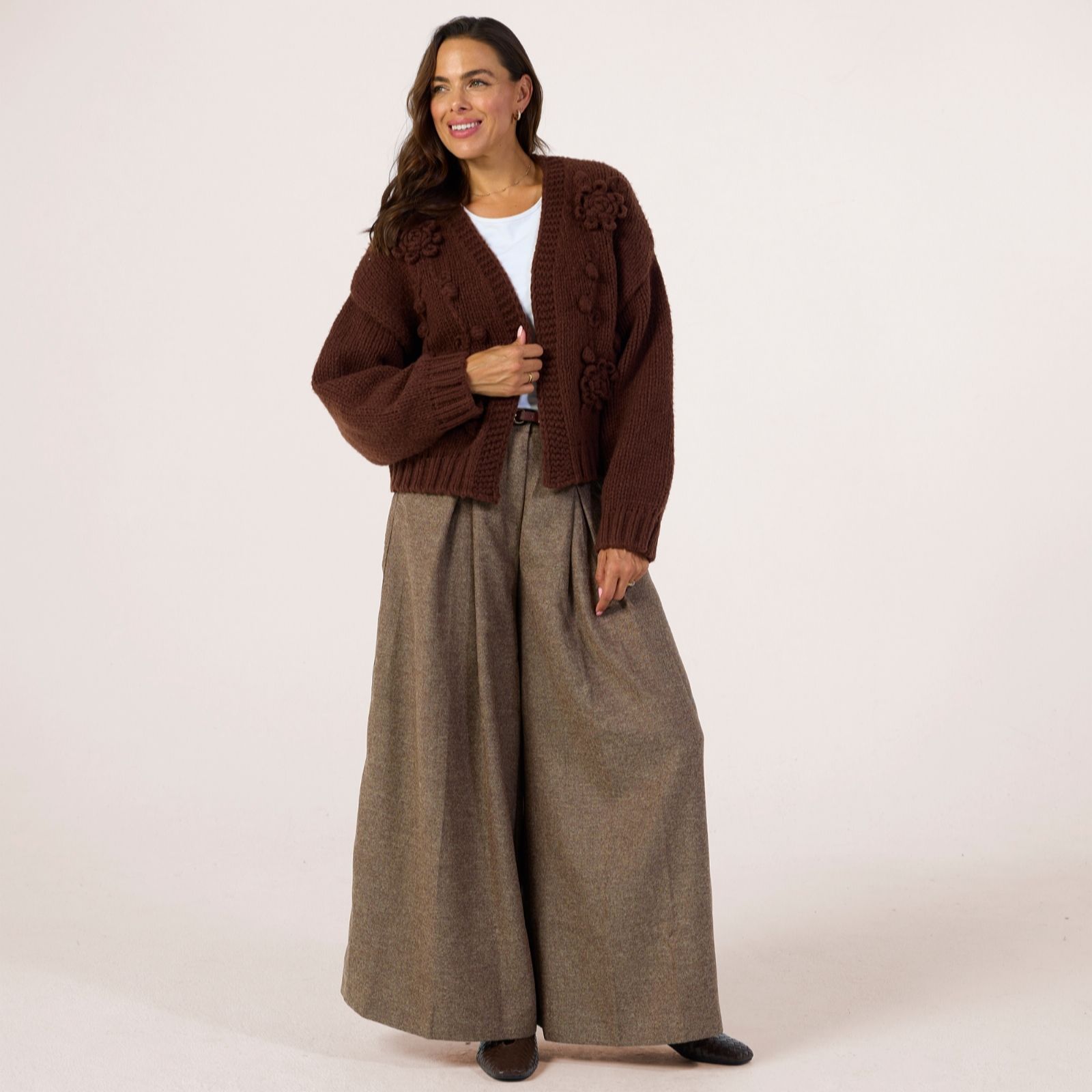 Apricot Rose Applique Chunky Knit Open Cardigan