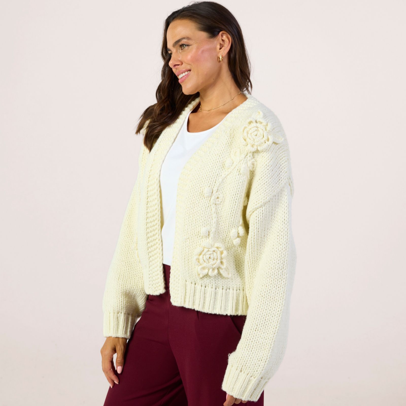 Apricot Rose Applique Chunky Knit Open Cardigan