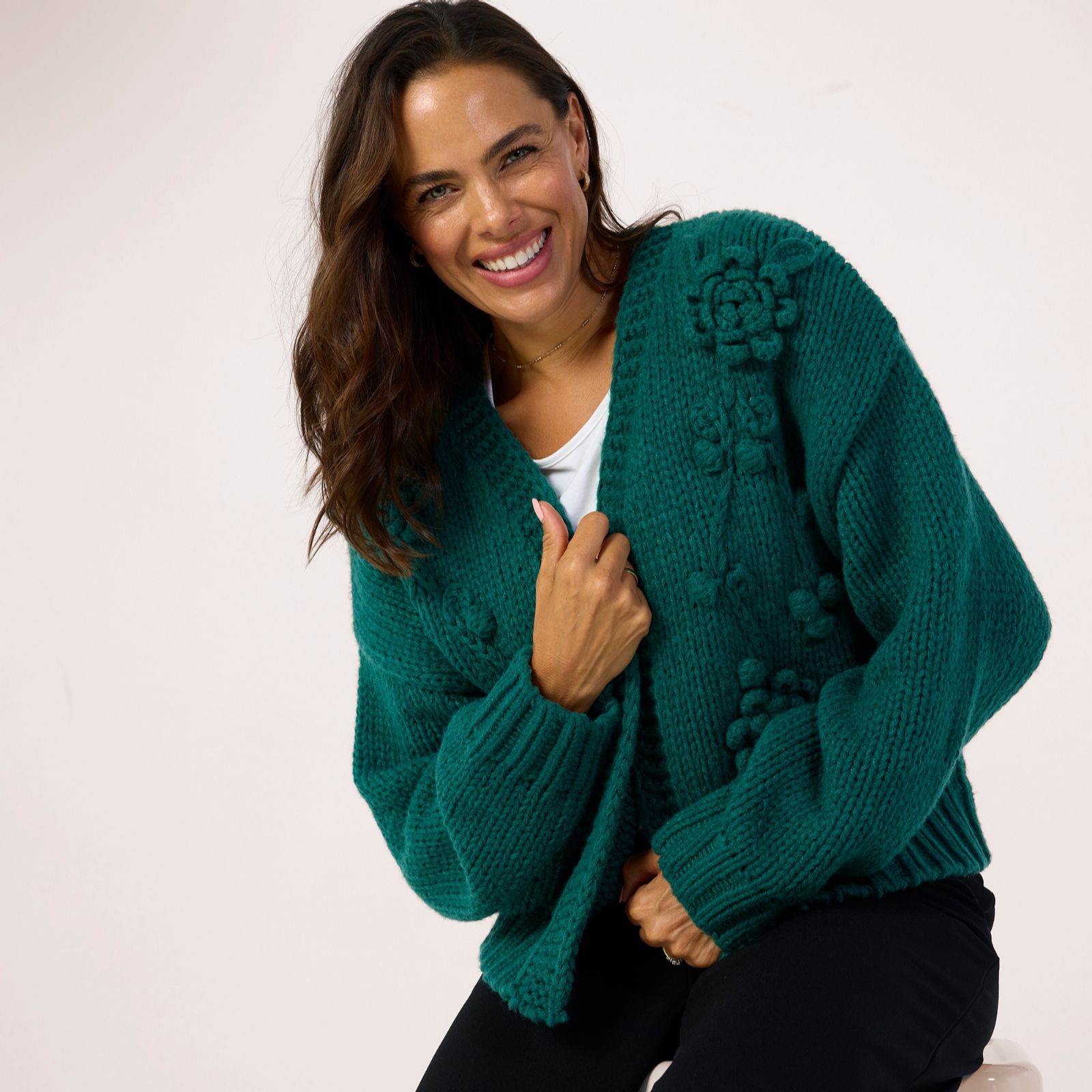 Apricot Rose Applique Chunky Knit Open Cardigan
