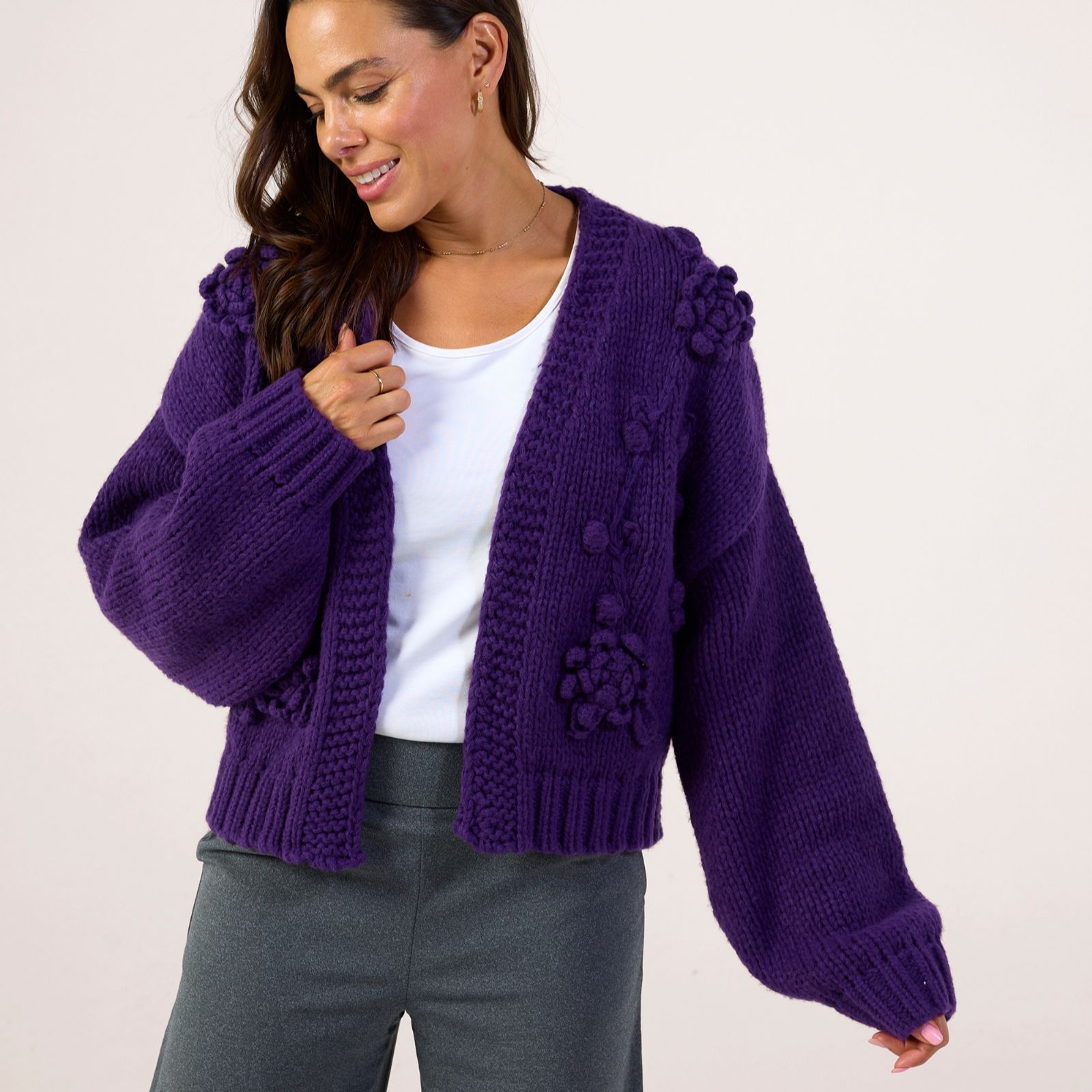 Apricot Rose Applique Chunky Knit Open Cardigan