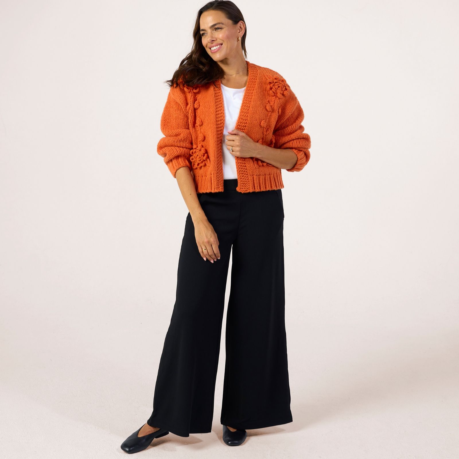 Apricot Rose Applique Chunky Knit Open Cardigan