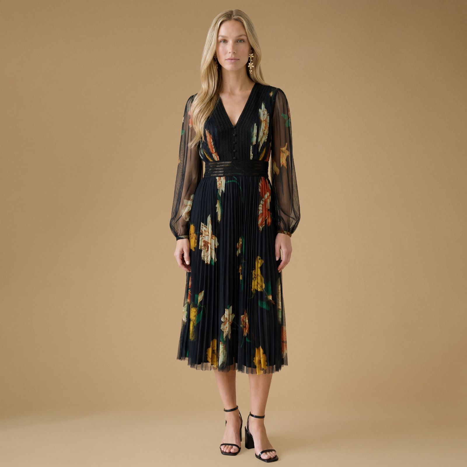 Oasis V Neck Button Detail Printed Mesh Midi Dress