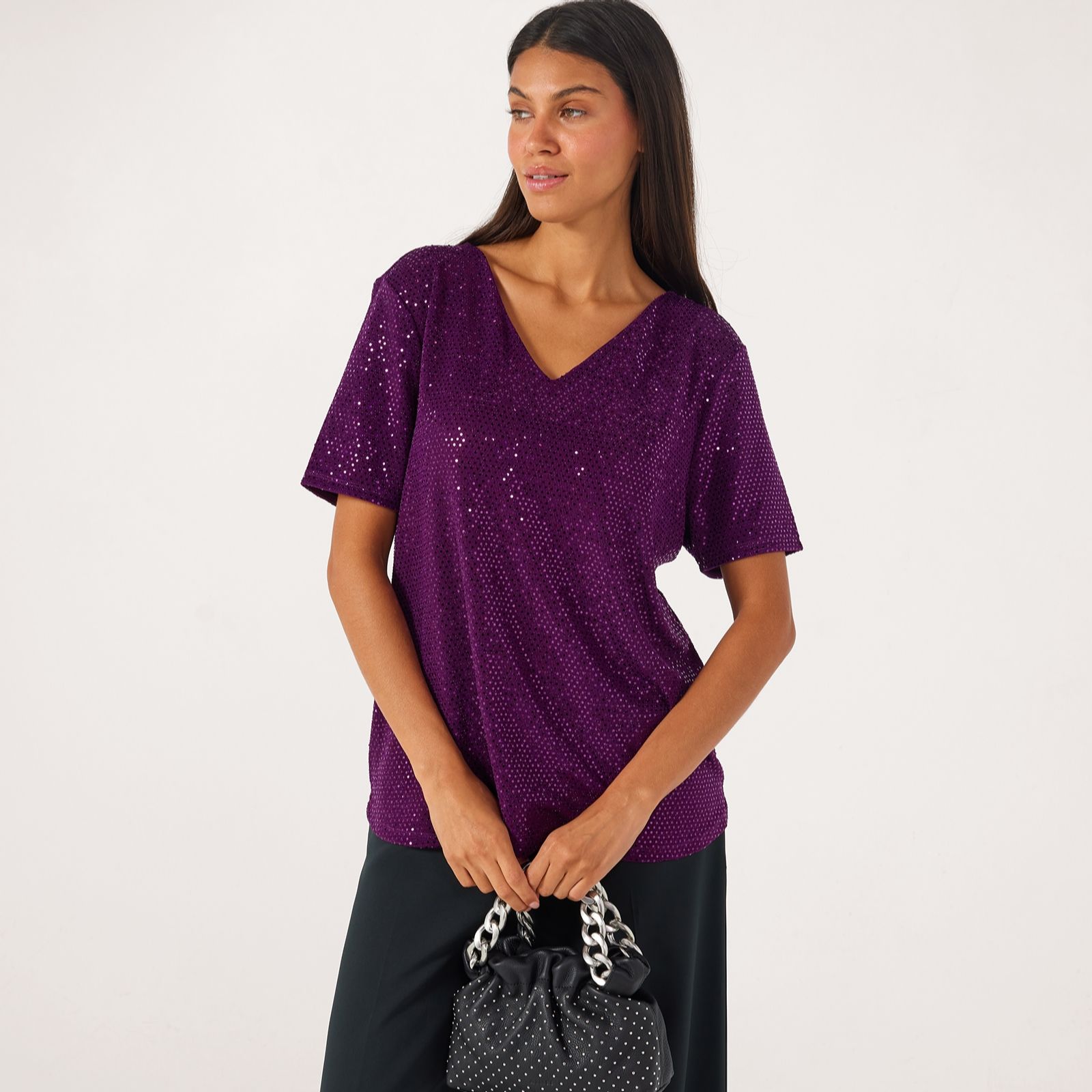 Ruth Langsford Sparkle Jersey Short Sleeve V Neck Top