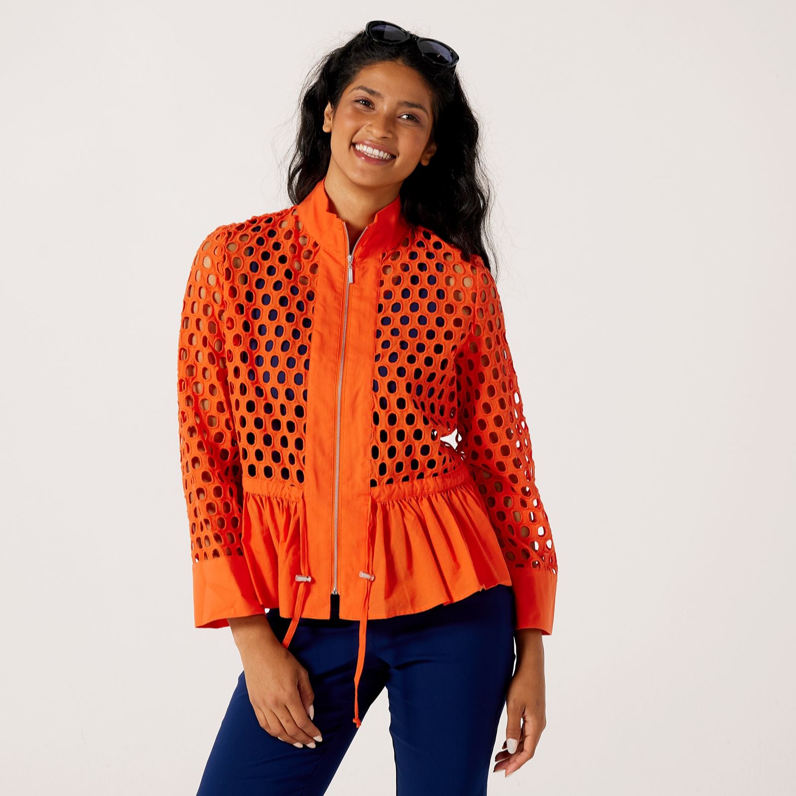 MarlaWynne Collection Cotton Eyelet Jacket With Peplum & Draw String