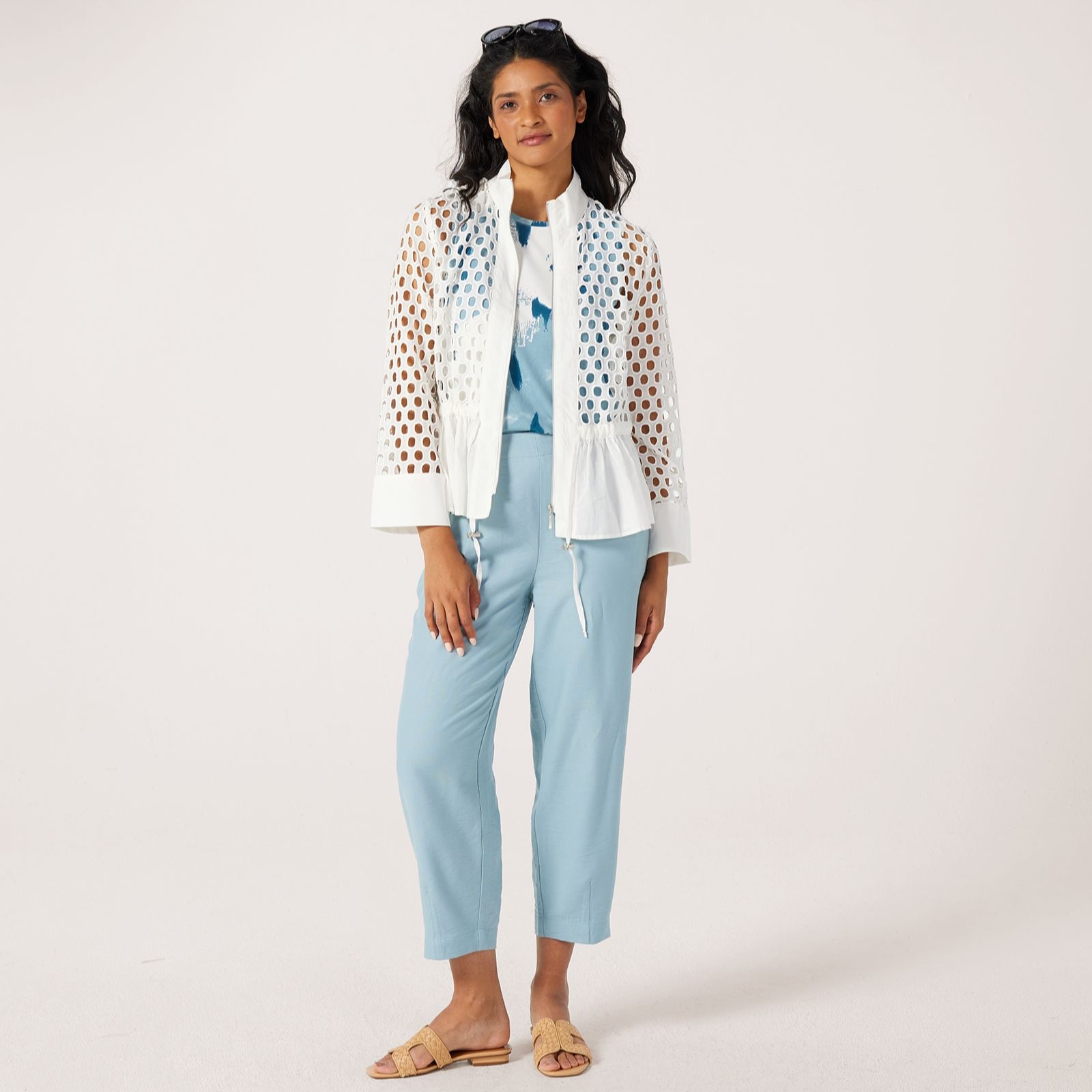 MarlaWynne Collection Cotton Eyelet Jacket With Peplum & Draw String