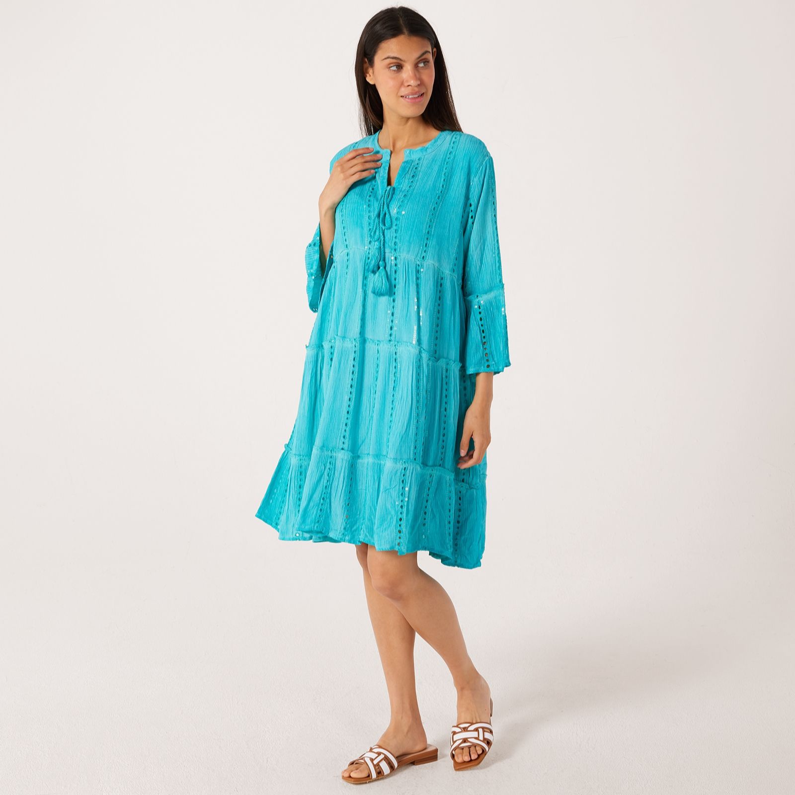 Izabel London Linen Blend Sequin Tiered Boho Dress